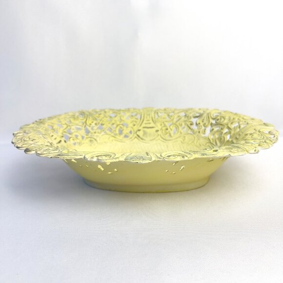 Italian Ornate Vintage Metal Dish Lemon Yellow Marked Italy C.T. 7  Floral Scrol - Picture 3 of 10